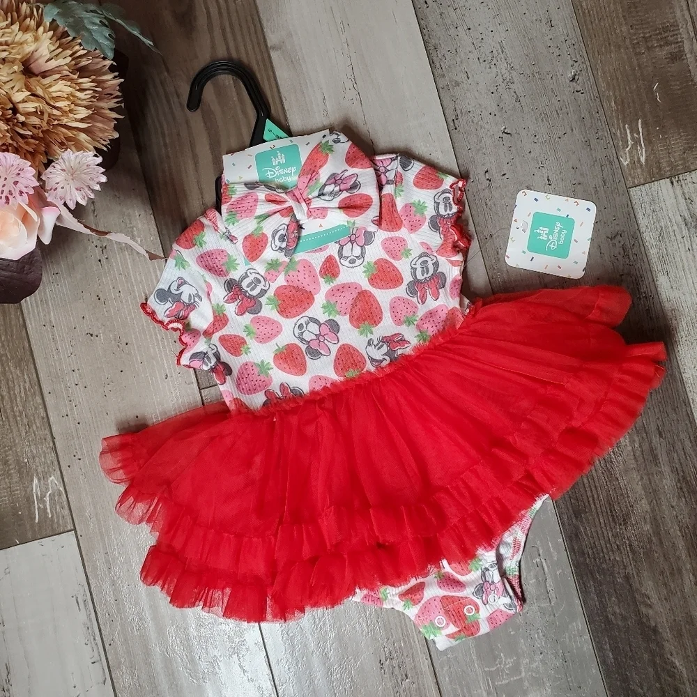 NWT Disney Baby Minnie Mouse Red & Pink Strawberry Romper w/ Headband 6/9 Months